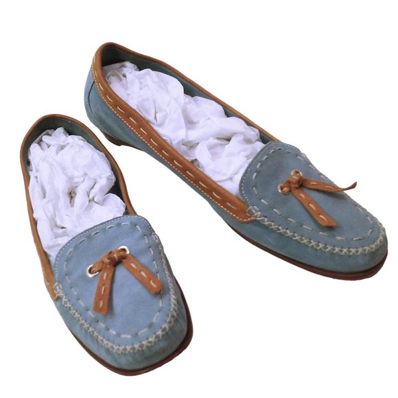 Cole Haan Blue Suede Shoe Flats -9.5B Bow Tassel Leather Stitch Moc-Toe Slip-On - Picture 2 of 12